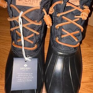 Sperry Black and Orange Lace Duck Boots